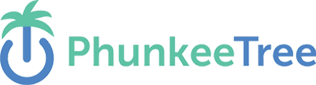 Logo of phunkeetree featuring a stylized blue letter 'p' looped into a circle with a green pineapple shape on top, set against a plain white background.