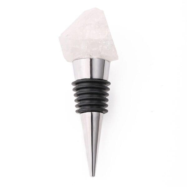 A bottle stopper with a stainless steel cone and black rubber rings, topped with a rough-cut, translucent quartz crystal.