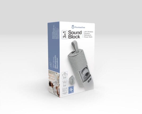 Packaging for a "phunkeetree 3 in 1 sound block" featuring a wireless speaker, stand, and power bank against a gray background.