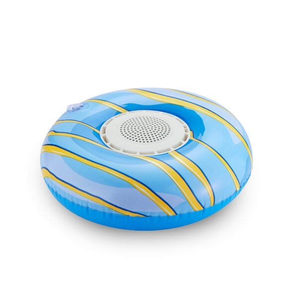Inflatable pool float in blue and yellow stripes with a built-in white speaker, on a white background.