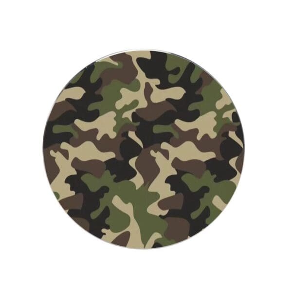 Circular badge with a camouflage pattern in shades of green, brown, and tan.