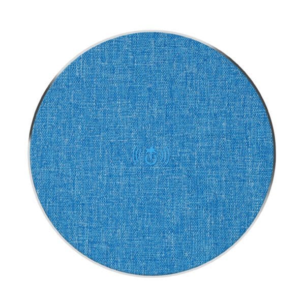 Round wireless charging pad with a textured blue fabric top and a simple central power icon.