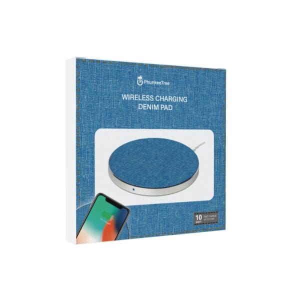A phunkeetree denim wireless charging pad packaging with an image of a white charging disk and a charging smartphone depicted on the box.