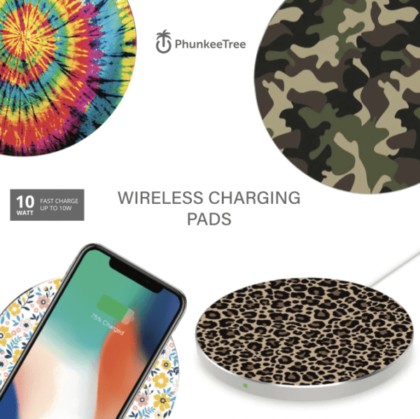 Advertisement for phunkeetree wireless charging pads featuring four different designs: tie-dye, camouflage, floral, and leopard print, with a phone charging on one pad.