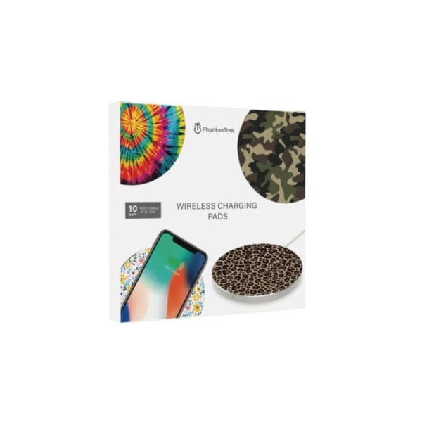 Packaging for phunkeetree wireless charging pads featuring 10w power, with images of a tie-dye, camouflage, and leopard print pad, and a phone charging on one.