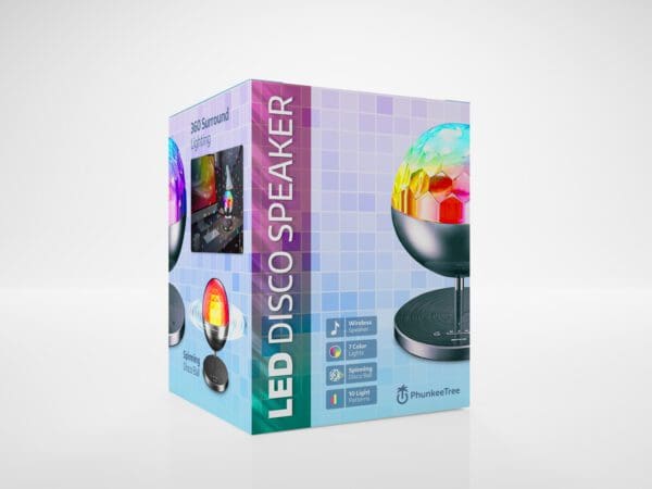A colorful packaging box for a phunkeetree led disco speaker, featuring images of the speaker with light effects, and icons indicating wireless and bluetooth capabilities.