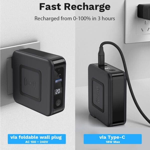 A black portable battery charger with a digital display, shown plugged into a wall socket and also with a usb-c cable for fast recharging.