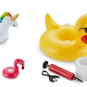 Assorted inflatable pool toys including a unicorn, a duck with sunglasses, a flamingo, and accessories like a palm tree and a speaker.