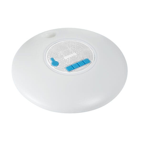 White portable cd player with blue buttons and a built-in speaker on a white background.
