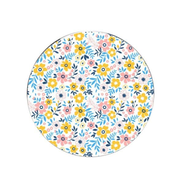 Round decorative plate featuring a colorful floral pattern with pink, yellow, and blue flowers on a white background.