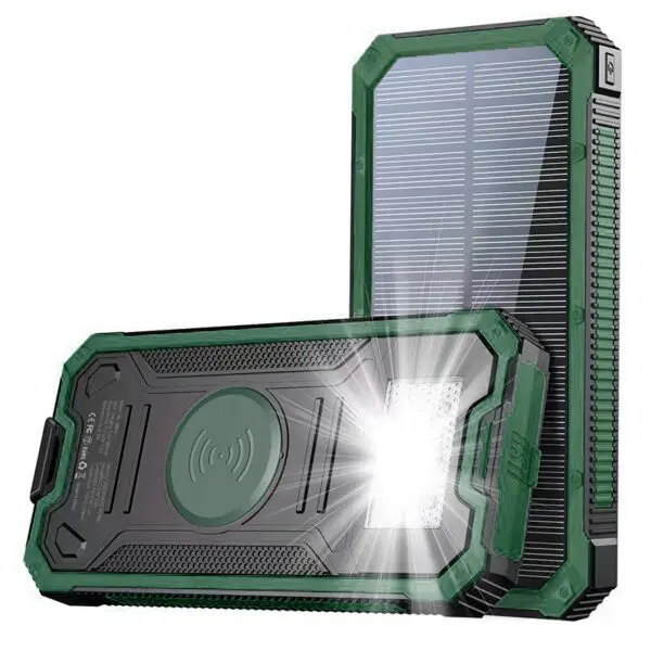 Rugged green and black solar-powered power bank with a wireless charging symbol on its surface and protective rubber edges.