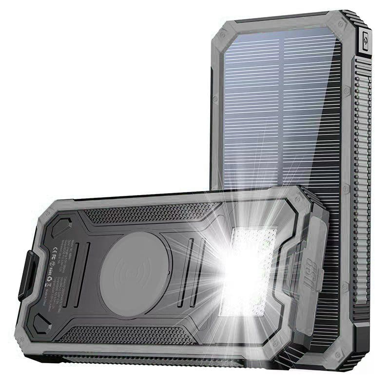 Rugged portable solar power bank with a metallic case and solar panels on its sides, featuring usb ports and led flashlight.
