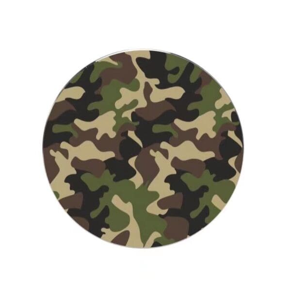 A circular badge with a camouflage pattern in shades of green, brown, and beige.