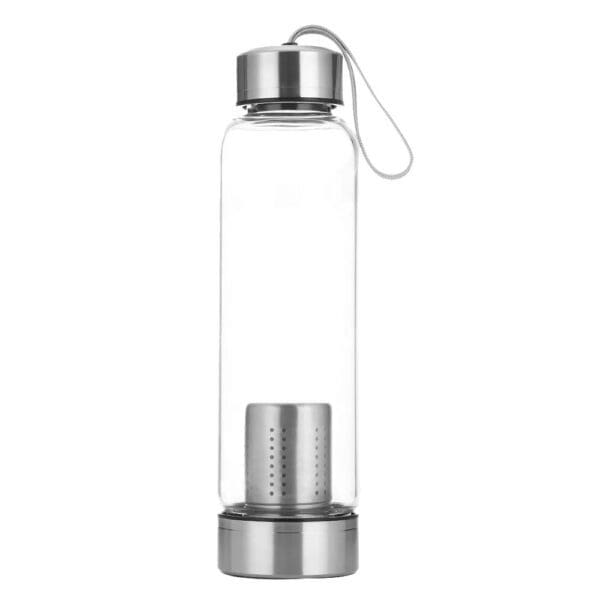 Clear glass water bottle with a stainless steel infuser and cap, featuring a gray carrying loop.