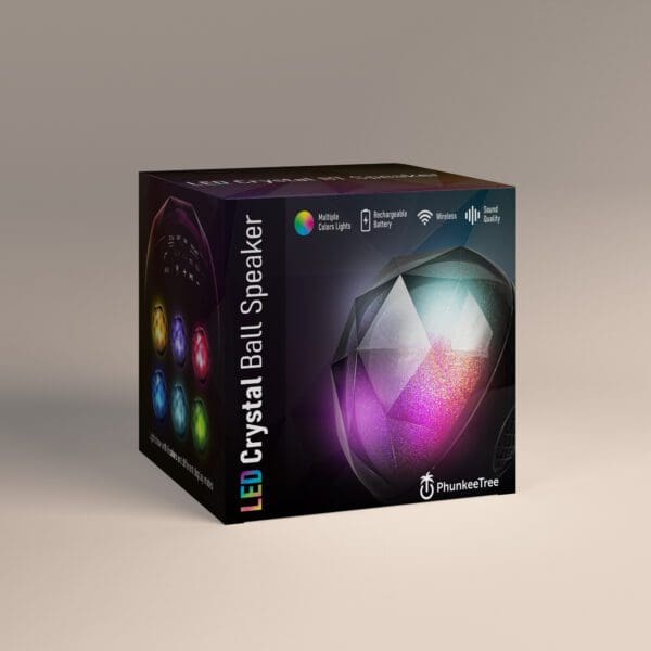 Box packaging for an led crystal ball speaker by phunkettree, featuring multicolor lights, rechargeable battery, and wireless technology.