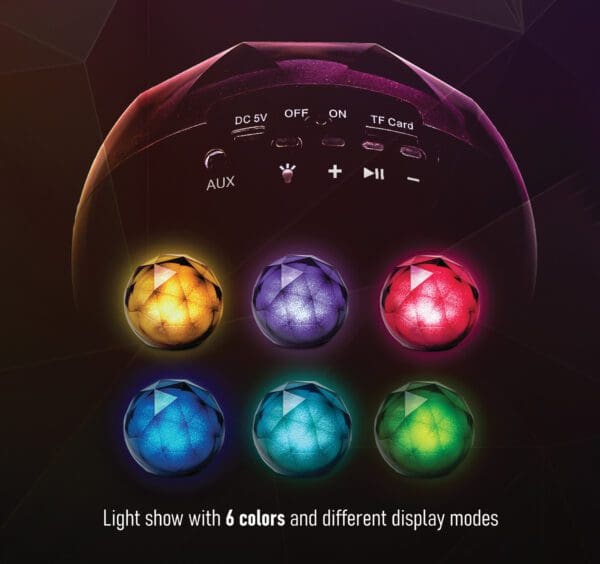 Round speaker with six colored light modes (yellow, blue, purple, red, turquoise, green) and control buttons displayed against a dark background.