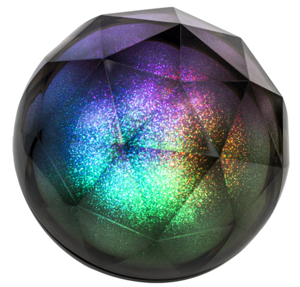 A large, faceted gemstone displaying a vibrant spectrum of colors, encapsulated within a translucent, spherical shell.