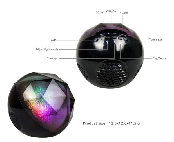Two views of a spherical electronic device with buttons for various functions; features a light-up element with multicolored patterns.
