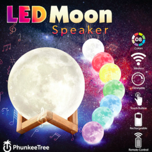 Advertisement for an led moon speaker showing a moon-shaped device on a wooden stand, surrounded by icons representing its features like color change and wireless capability.