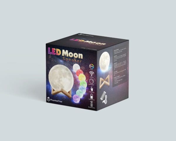 Product packaging box for a "led moon speaker" featuring colorful designs and icons indicating various features, against a gray background.