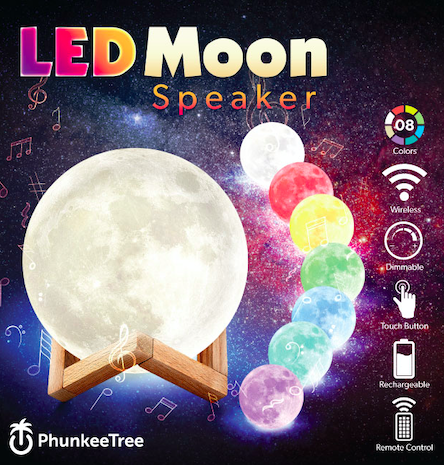 Advertisement for an led moon speaker showing a moon-shaped device on a wooden stand, surrounded by icons representing its features like color change and wireless capability.