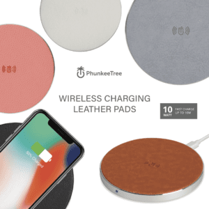 An advertisement for phunkeetree wireless charging leather pads, displaying various colors and a phone charging on a brown pad.