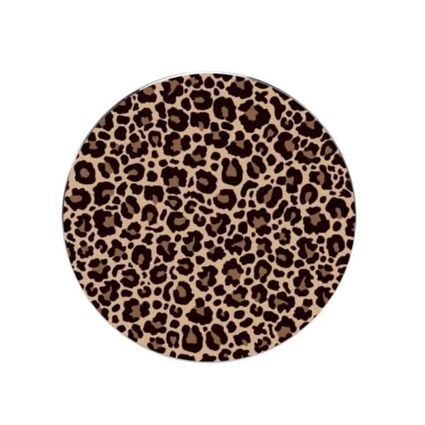 Round object featuring a leopard print pattern in shades of brown and black.