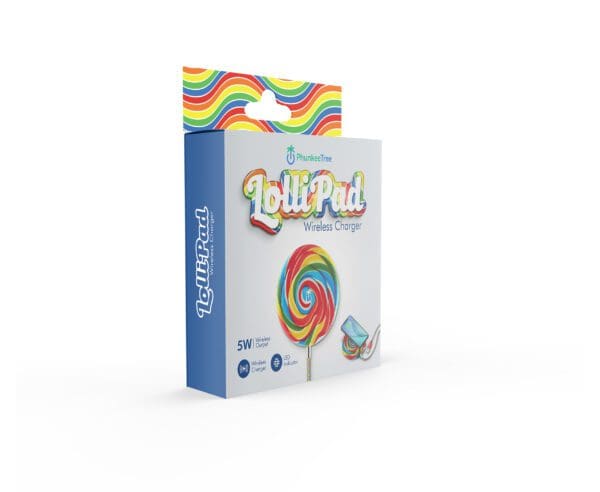 A colorful box for a funruetek lollipad 5w wireless charger, featuring lollipop graphics and product images.