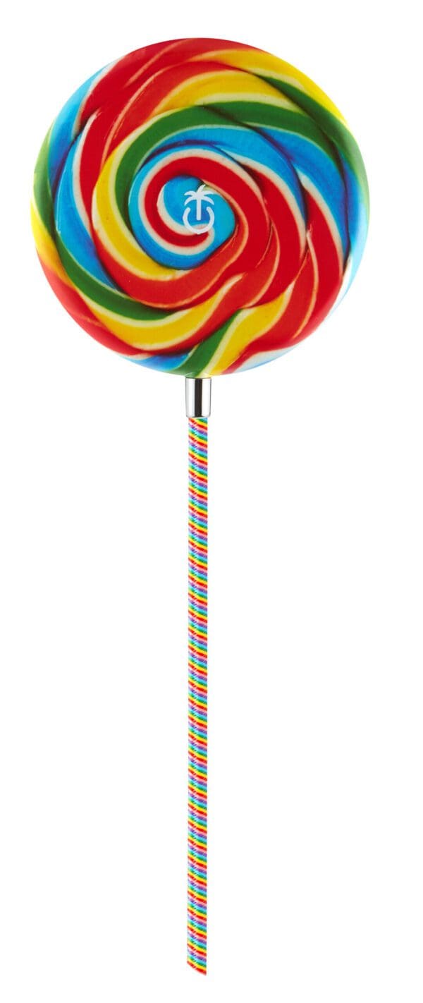 A colorful, large swirled lollipop with a rainbow pattern on a striped stick, isolated on a white background.