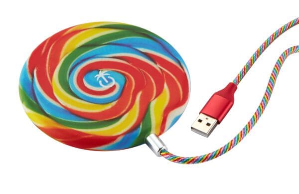 A colorful swirl lollipop with a usb cable attached, blending technology with candy in an innovative design, isolated on a white background.