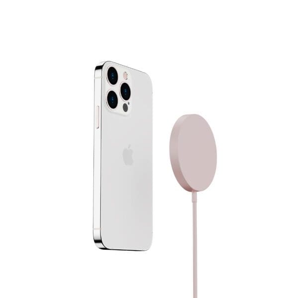 White smartphone with triple camera setup standing next to a round, pale pink object with a thin stand on a plain background.
