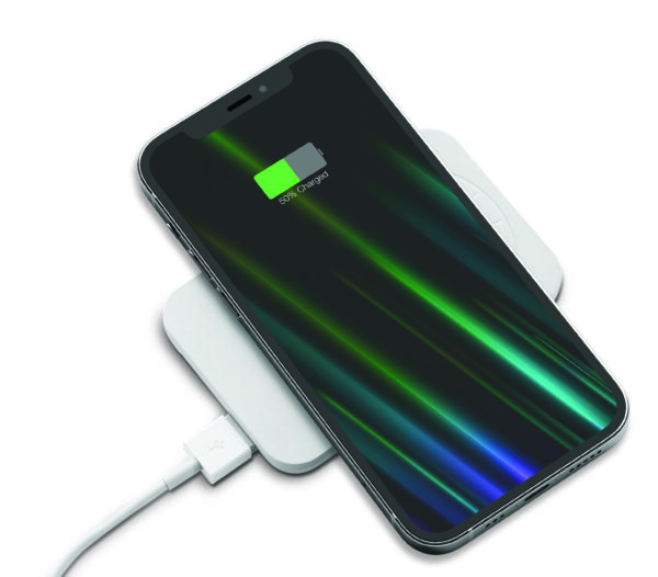 A smartphone charging on a white wireless charging pad, connected to a cable, displaying a battery icon at 80% charged on its screen.