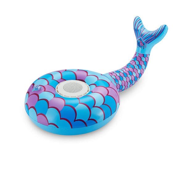 Inflatable mermaid tail pool float in bright blue and pink colors, featuring a round seating area and a raised tail.