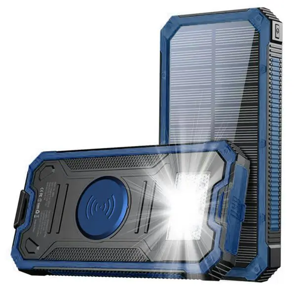 Rugged blue and black portable power bank with solar panels and a wireless charging symbol on the front.