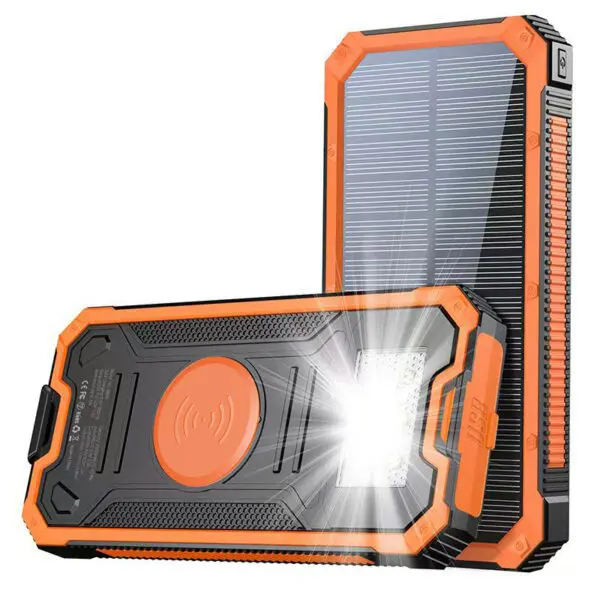 Orange and black portable solar charger with built-in flashlight, displaying rugged design suitable for outdoor use.