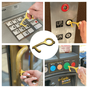 A collage of images showing a person using a brass key as a tool to press buttons on various public devices like an atm, an elevator, and a parking meter.
