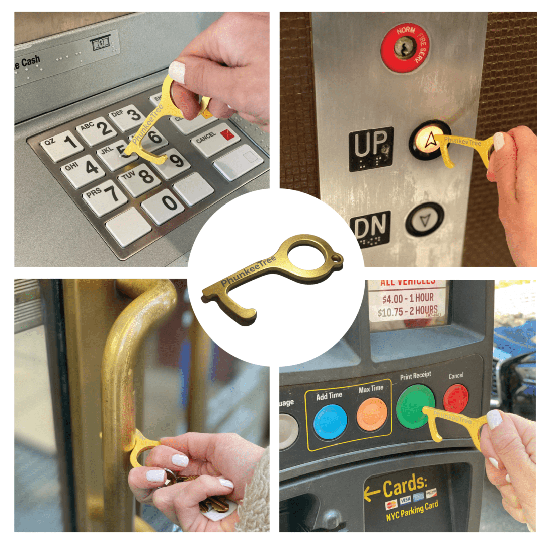 A collage of images showing a person using a brass key as a tool to press buttons on various public devices like an atm, an elevator, and a parking meter.