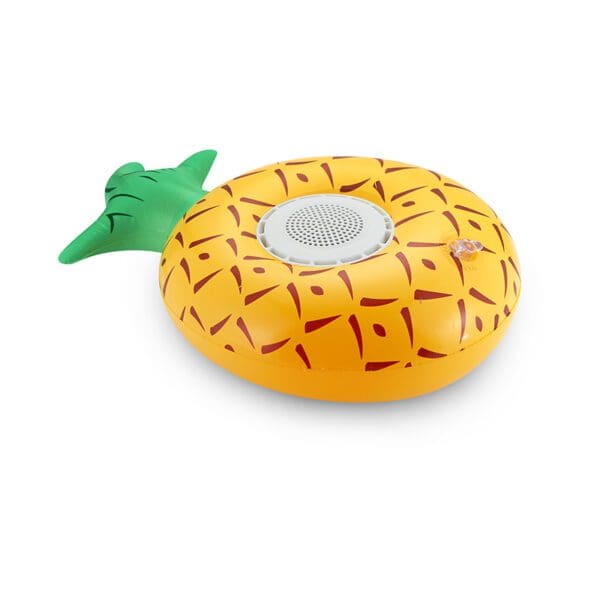 Inflatable yellow pool float designed to resemble a pineapple with green leaf detail, featuring a central mesh seat, isolated on a white background.