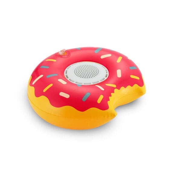Inflatable pool float designed to look like a donut with pink frosting and colorful sprinkles, featuring a built-in speaker, on a white background.