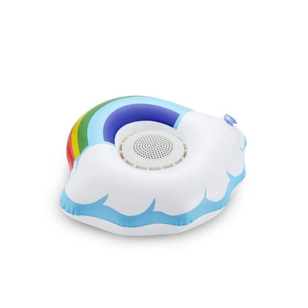 Inflatable floating pool speaker designed with a white cloud base and a colorful rainbow arch.