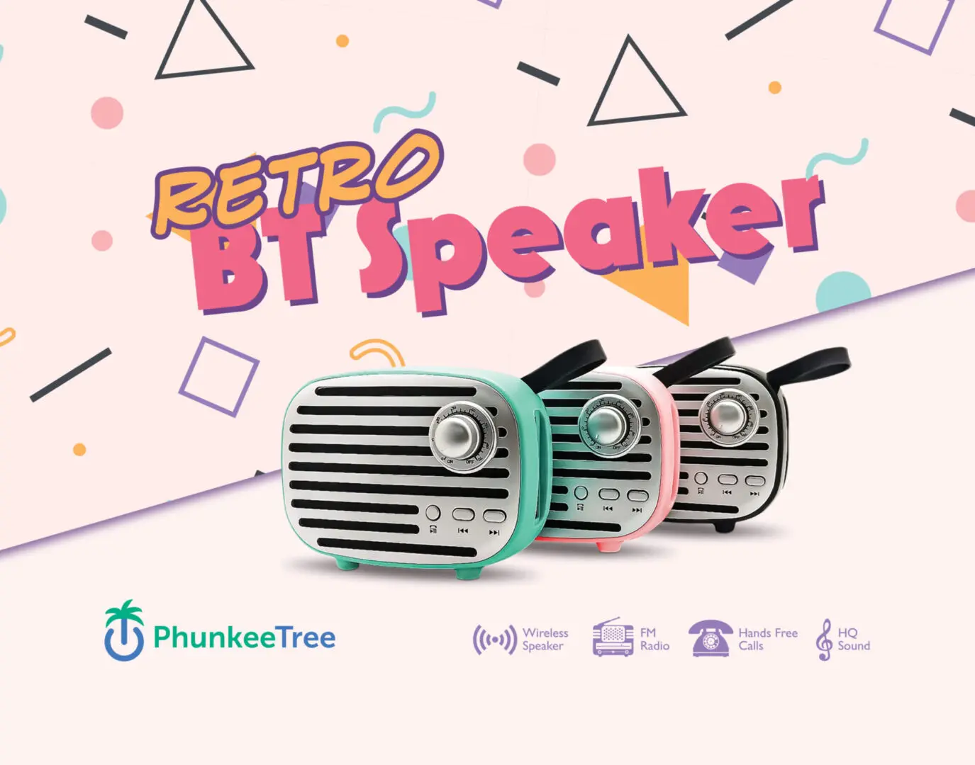 Advertisement for retro bluetooth speakers with modern features like wireless operation and hands-free calls, set against a playful, geometric background.