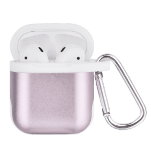 White wireless earbuds in a sparkly pink case with a silver carabiner, isolated on a green background.
