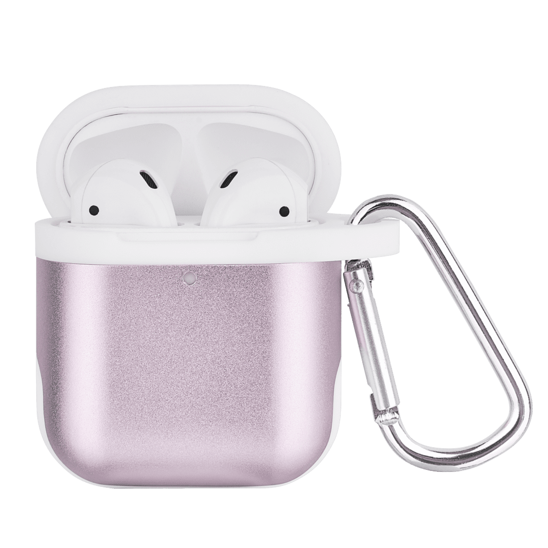 White wireless earbuds in a sparkly pink case with a silver carabiner, isolated on a green background.