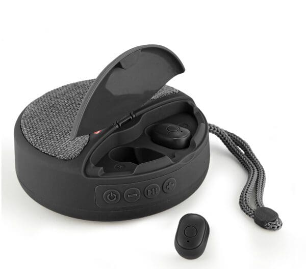 Black wireless earbuds with one earbud outside the open charging case, which is connected to a wrist strap, isolated on a white background.