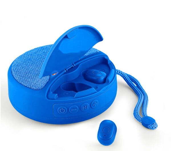 Blue wireless earbuds with one earbud outside of its charging case, which is also blue and has a textured surface and control buttons. a blue wrist strap is attached to the case.