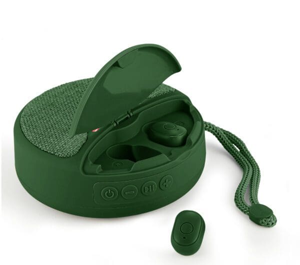 Green wireless earbuds with matching charging case open and a fabric loop, on a white background.