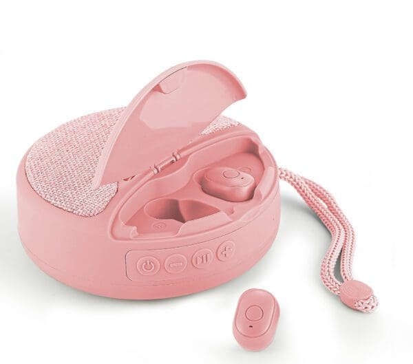 Pink wireless earbuds with a matching charging case and wrist strap on a white background.