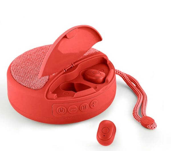 Red wireless earbuds with their charging case open and a small earbud outside the case, displayed on a white background.