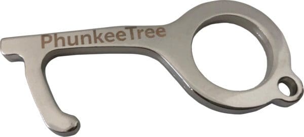 A metal no-contact tool with an engraved logo "phunkeetree", featuring a hook and finger hole.