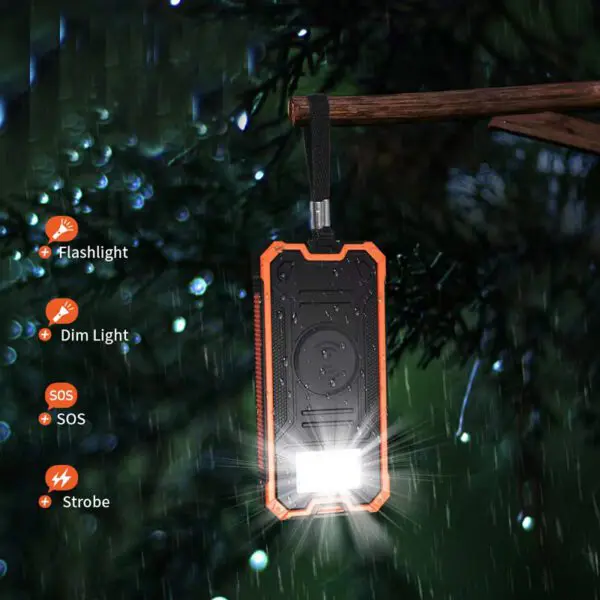 A rugged, multi-functional flashlight hanging from a branch, illuminated, with rain falling around it, and labels indicating various light modes.
